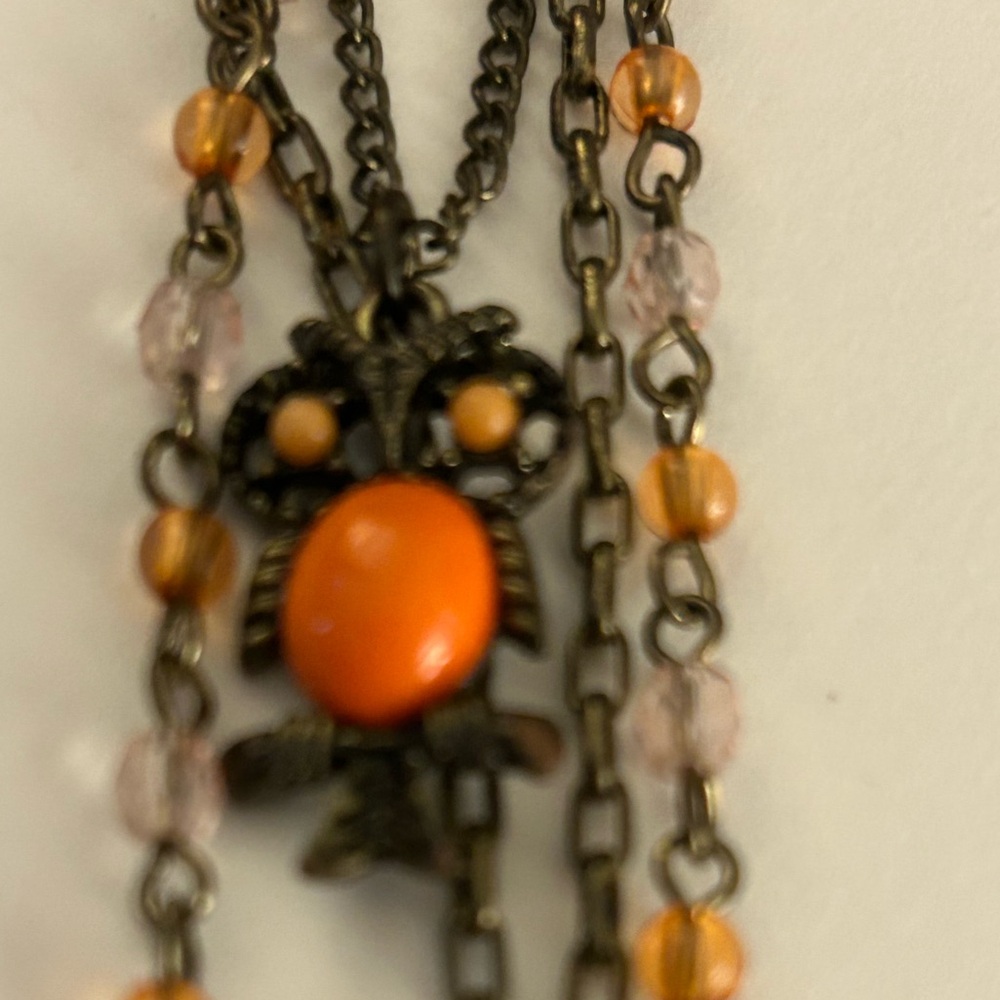 💰FREE add 1/bundle Necklace charms Owl, layered bronze chains peach drop, enamel - Picture 2 of 9